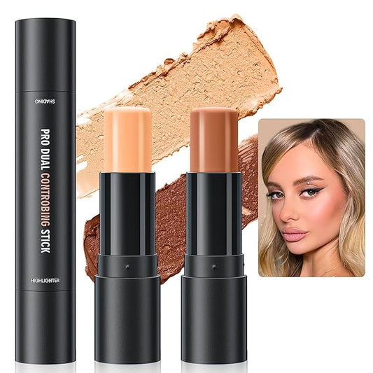 2023 Upgrade Contour Stick, 2 Colors Double-end Contour Highlighter Stick Contour Stick Face Highlighter Contour Makeup Contouring Sticks Cream Concealer (Natural, Netural Coffee)-FemmiqueWomen