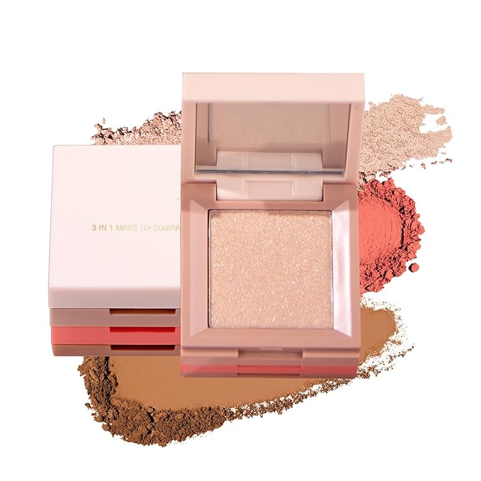 3 in 1 Contour Highlighter Blush Makeup Palette Kit, Matte Shimmer 3 Colors Highlighting Bronzing Blusher Eyeshadow Pallet, Long Lasting Full Face Eyes Contouring Shaping Makeup Set with Mirror-FemmiqueWomen