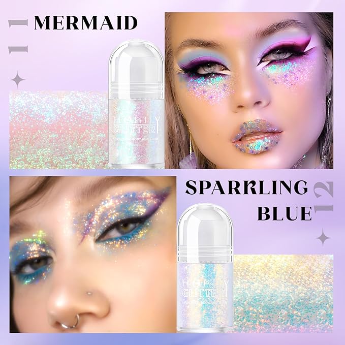 2 Colors Roll-on Body Glitter Gel, Holographic Glitter Gel Under Light for Face Hair, Body Shimmer for Rave Accessories Christmas New Year Halloween Makeup (11+12)-FemmiqueWomen