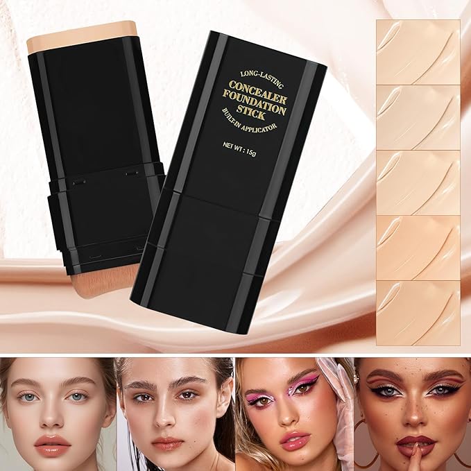 2PCS Long-Lasting Concealer Foundation Stick, Full Coverage Foundation Stick, 2-in-1 Contouring foundation with Brush, Cover Blemishes for All Skin Types (01#Ivory)-FemmiqueWomen