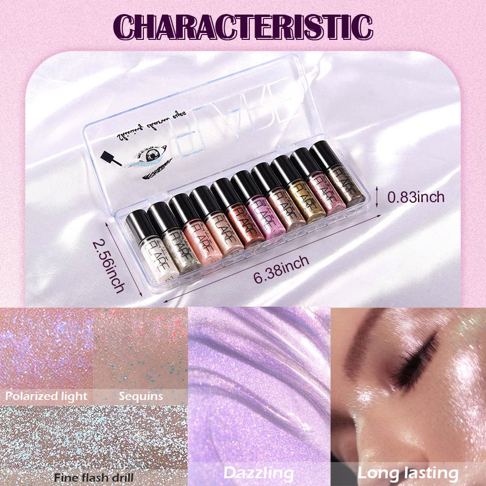 10Pcs Colorful Liquid Glitter Eyeshadow & Eyeliner Sticks Kit – Korean Shimmer Metallic Eye Makeup, Quick-Drying & Waterproof, Vegan & Cruelty-Free, Silver Brown Pink Gold Sparkle sombras de ojos-FemmiqueWomen