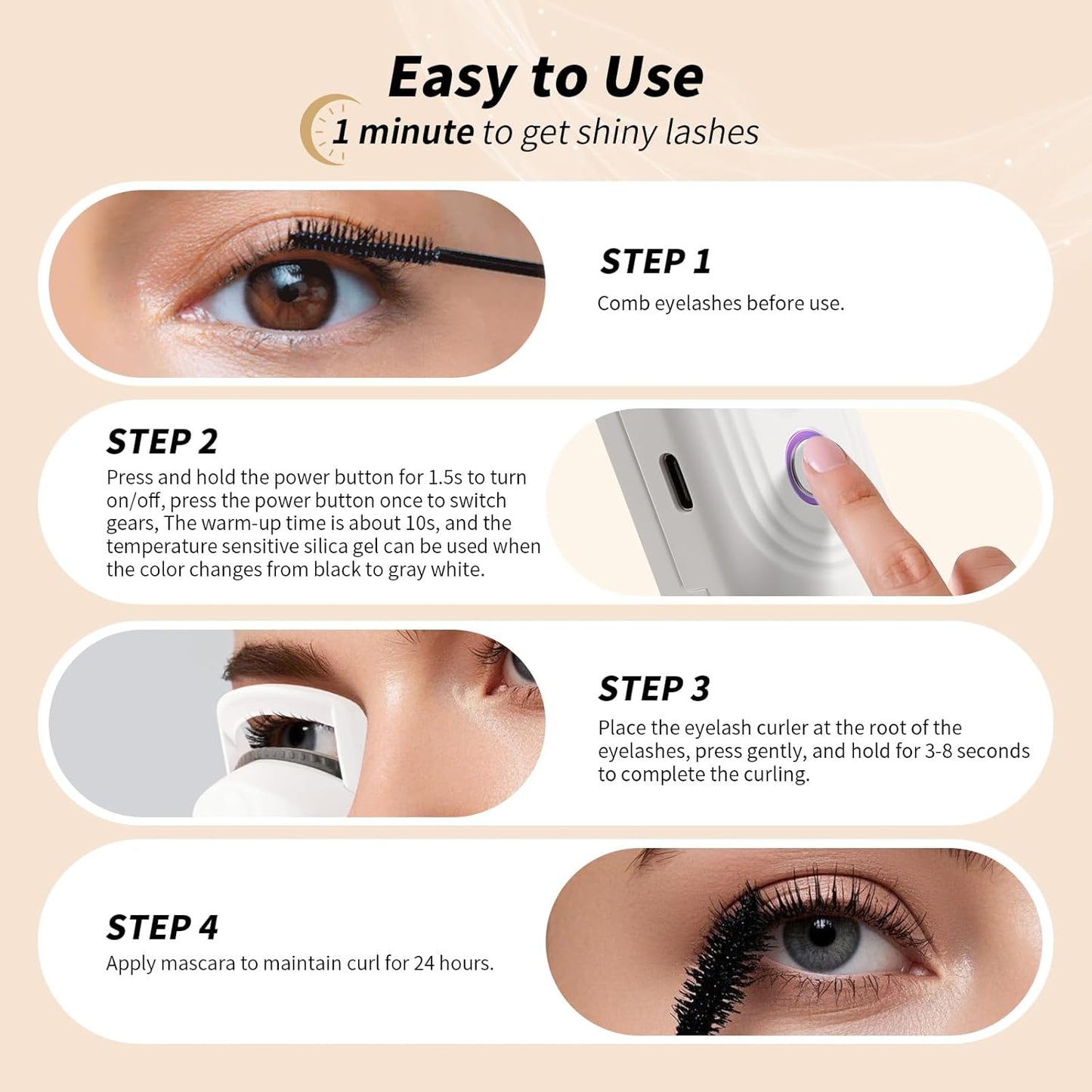 docolor Heated Eyelash Curler Fast Heat up Within 10s, 24 Hours Long Lasting Electric Eyelash Curler 3 Temperature Modes with USB Rechargeable Safe lash Curler Quick Natural Curling Eye Lashes-FemmiqueWomen