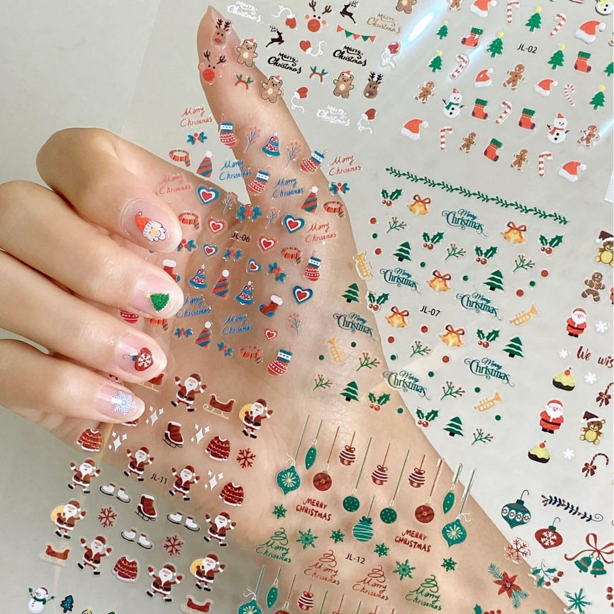 30 Pcs Christmas Nail Sticker 3D Self- Adhesive Nail Decals with Cute Penguin Deer Snowman Snowflake Elk Santa Claus Design Xmas Nail Art Stickers for Women Winter Holiday Nail Sticker(Christmas)-FemmiqueWomen