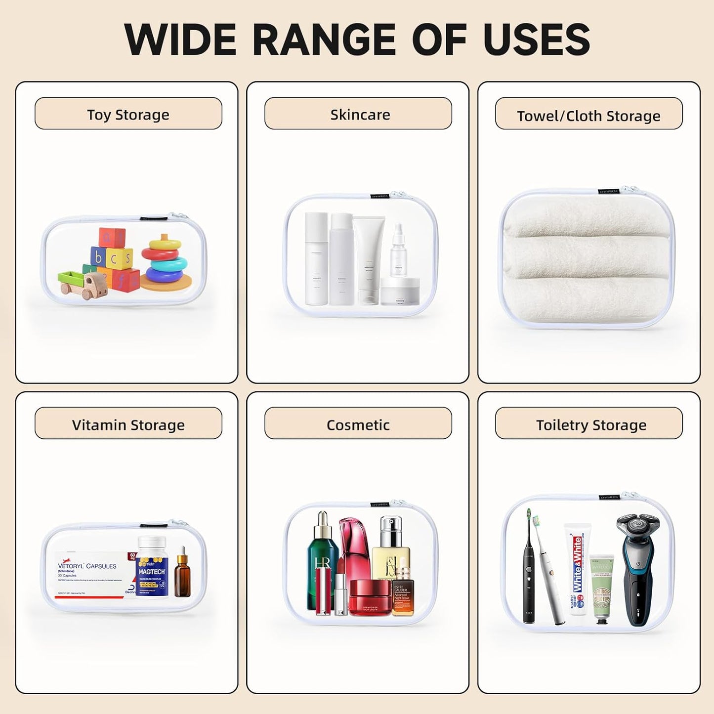 Hard Sided Clear Zipper Case for Storage- Professional-Grade Plastic Clear Zipper Pencil Case,Toy Storage Bins, Toiletry Pouch, Travel Organizer, Cosmetic Bag（White,3 Pack, LMS）-FemmiqueWomen