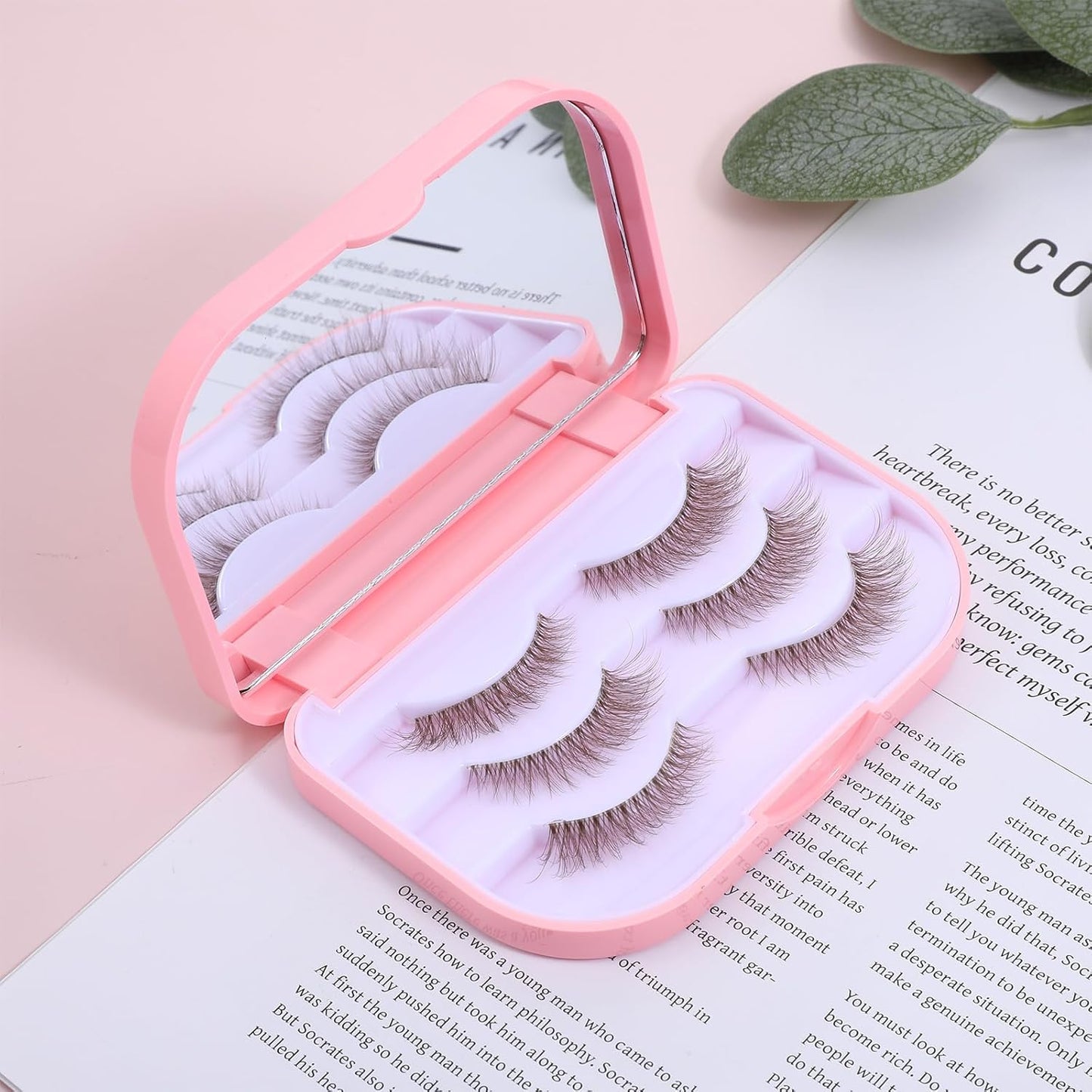 Eyelash Storage Case, 3 Layer Lash Case Makeup Storage Box with Makeup Mirror Empty Travel Cases Cosmetic Organizer Box Fake Eyelash Container Lash Packaging (Pink)-FemmiqueWomen