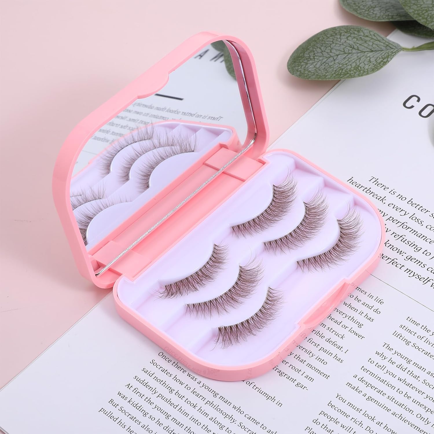 Eyelash Storage Case, 3 Layer Lash Case Makeup Storage Box with Makeup Mirror Empty Travel Cases Cosmetic Organizer Box Fake Eyelash Container Lash Packaging (Pink)-FemmiqueWomen
