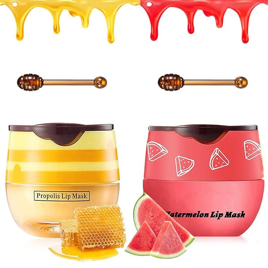 2 PCS Bee Lip Balm Honey Pot, Honey & Watermelon Lip Sleeping Masks Overnight, Hydrating Prevention Dry and Cracked Lip Scrubs Exfoliator Lip Care, Reduces Lip Lines-FemmiqueWomen