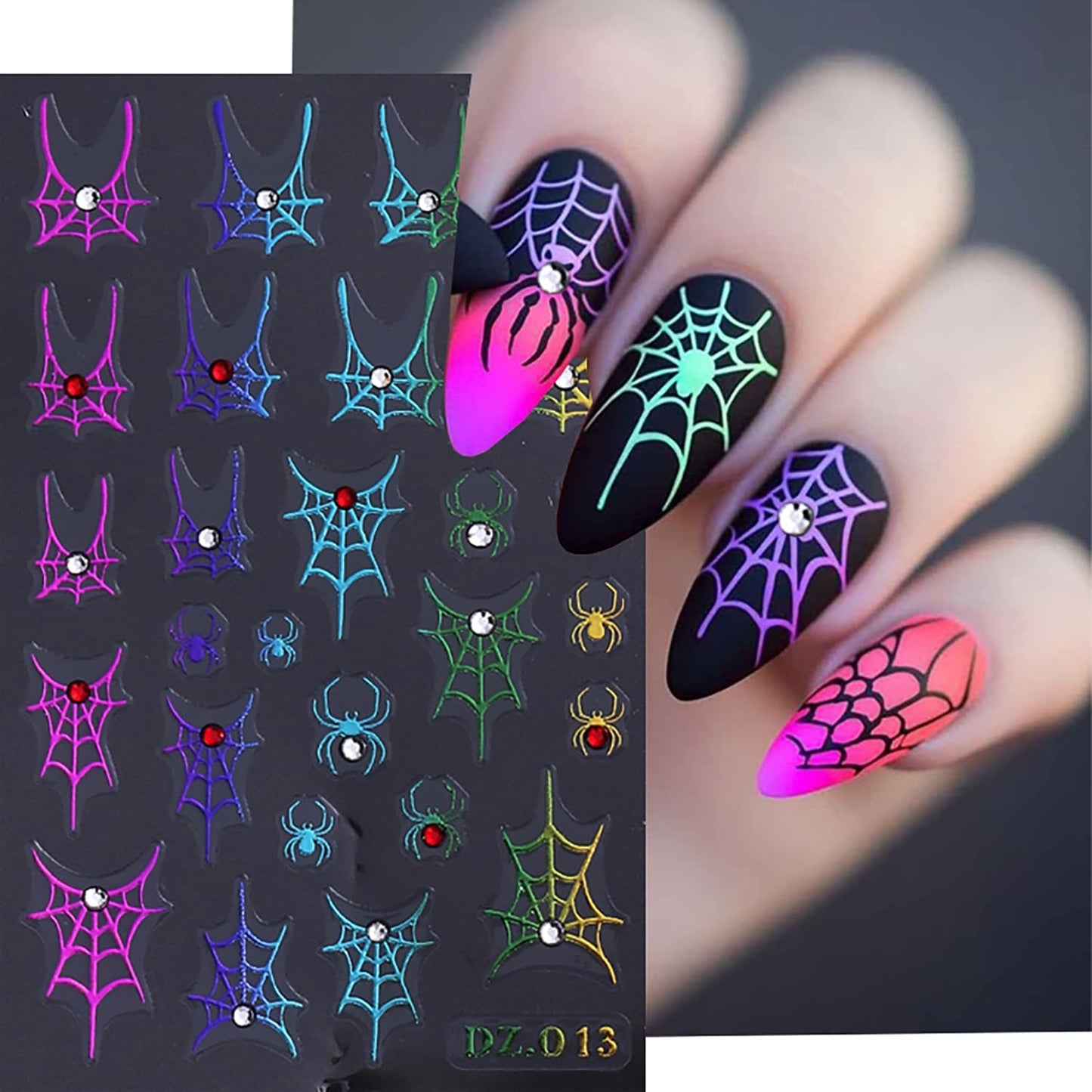 3 Sheets Spider Web Nail Stickers for Nail Art Gold Silver Halloween Nail Art Stickers Holographic Laser Spider Nail Decals With Diamond Designs 5D Self-Adhesive Scary Halloween Nail Sticker for Women-FemmiqueWomen