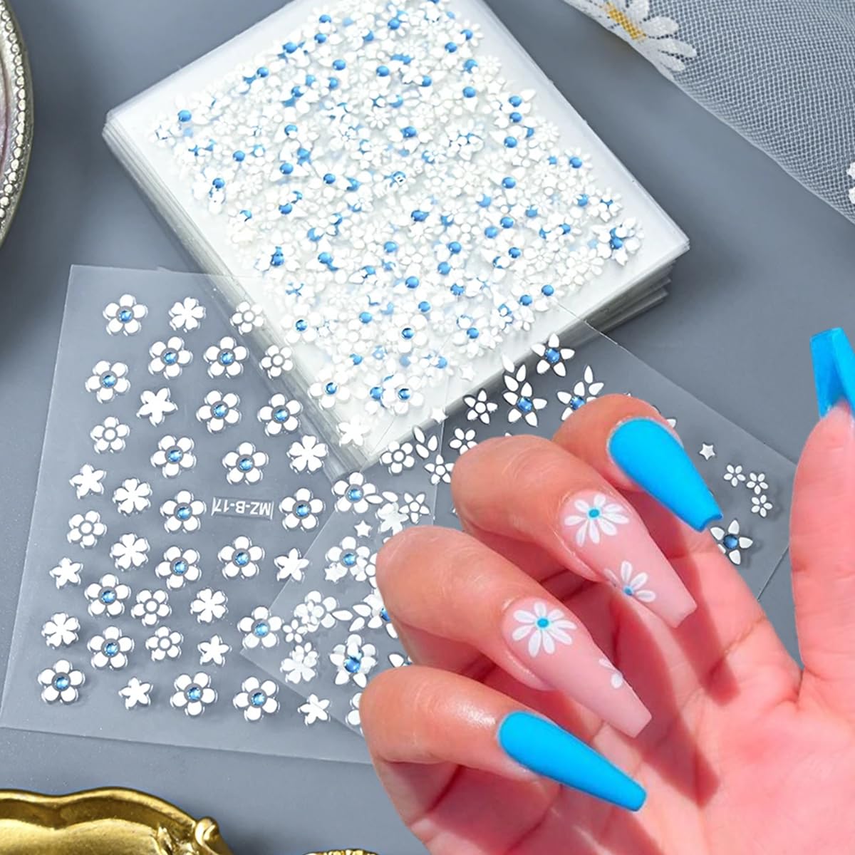 30Pcs White Flower Nail Art Stickers Decals- Daisy Floral Cherry Blossoms Nail Stickers Blue Rhinestone Nail Designs Sticker for Gel Nails 3D Self-Adhesive Spring Nail Decals for Nail Art Decoration-FemmiqueWomen
