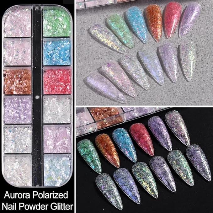 24Grid Aurora Opal Iridescent Nails Mermaid Flake Powder,Holographic Metal Color Gold Silver Confetti Nail Art Foil Paillettes,Irregular Glitter Sparkly Sequin Design for Manicure Decoration-FemmiqueWomen