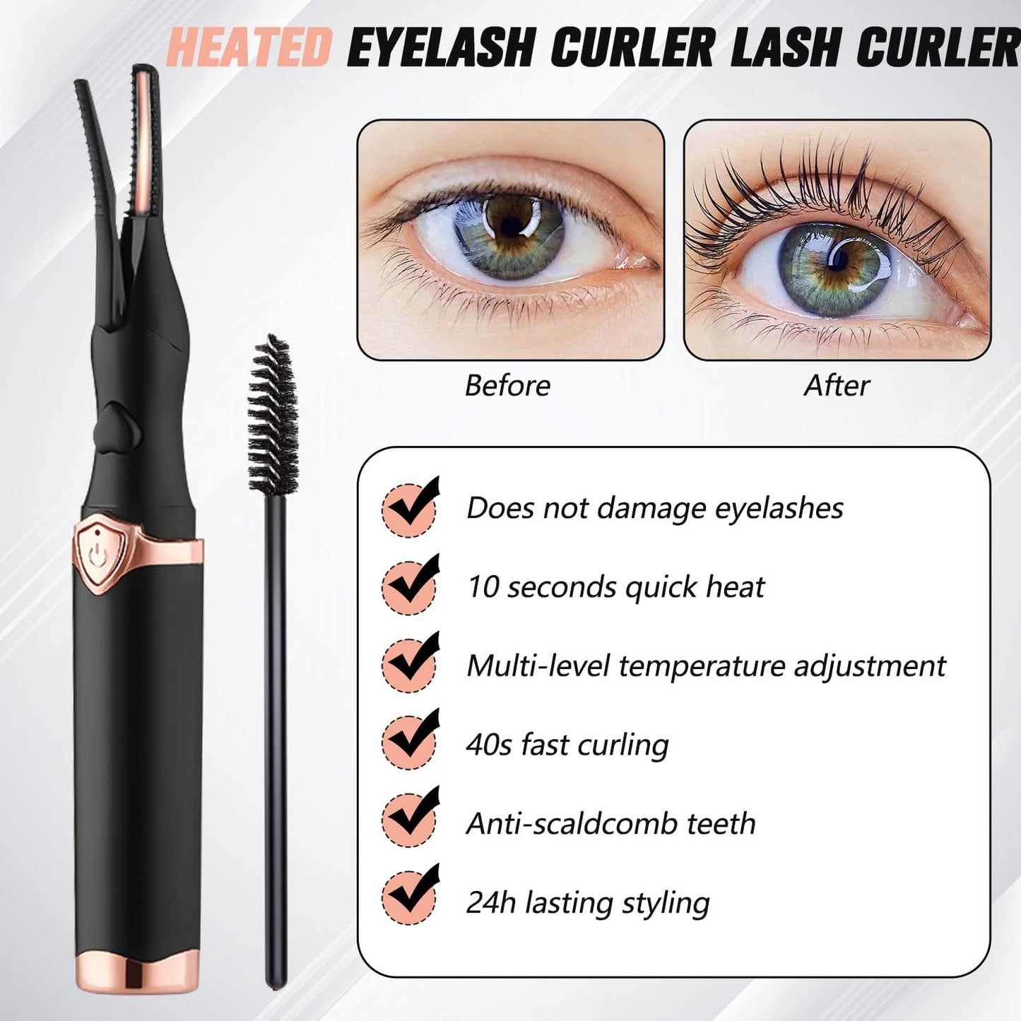Heated Eyelash Curler, Portable Eyelash Curler Eyelash, Mini Electric Eyelash Curler Rechargeable, Quick Curling Long-Lasting, Makeup Tools Gift for Women Girls (Black)-FemmiqueWomen
