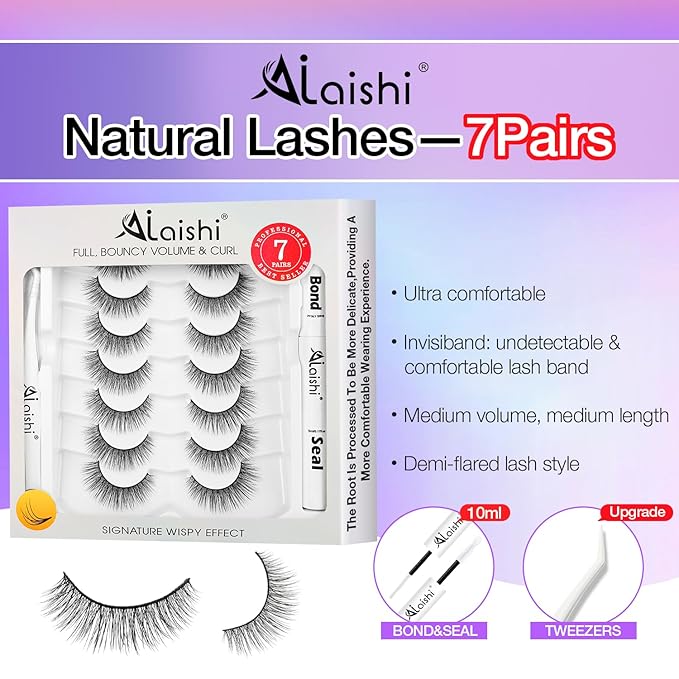 Wispy False Eyelashes Kit With Bond, Seal and Tweezer, 7 Pairs Natural Look Fake Cat Eye Lashes Strips Thin Band Extensions Waterproof Easy Eyelashes for Beginners RQ46-FemmiqueWomen