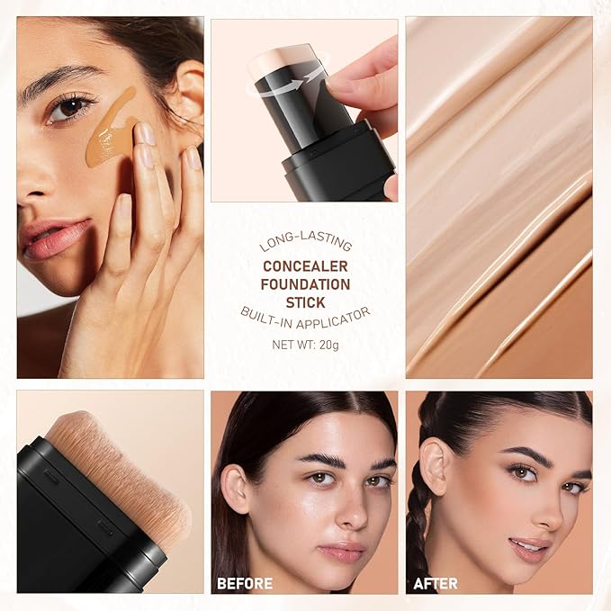 2PCS Long-Lasting Concealer Foundation Stick, Full Coverage Foundation Stick, 2-in-1 Contouring foundation with Brush, Cover Blemishes for All Skin Types (03#Light skin)-FemmiqueWomen