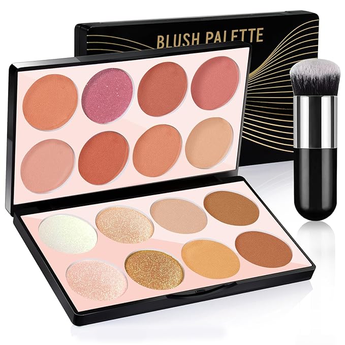 16 Colors Blush Contour Highlighter Makeup Palette, All-in-One Shimmer Silky Matte Mineral Blush Powder Palette, Face Sculpting Bronzer Blusher Illuminator Palette for a Natural Glowing-FemmiqueWomen