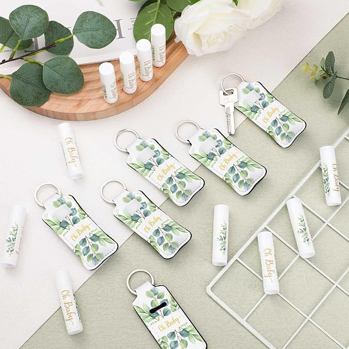 18 Sets Baby Shower Bridal Shower Favors for Guests Bulk Lip Balm and Lipstick Holder Keychains Set Baby Shower Bridal Shower Goodies Bags Thank You Gifts for Guests(Eucalyptus Baby)-FemmiqueWomen