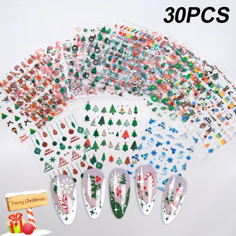 30 Sheets Christmas Nail Art Stickers 3D Self- Adhesive Snowflake Nail Charms Decals White Red Christmas Nail Decorations Accessories Supplies-FemmiqueWomen