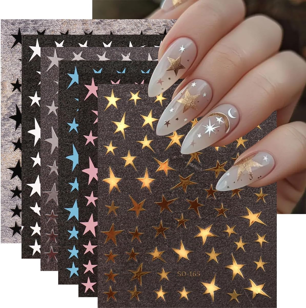 14 Sheets Star Nail Stickers 3D Glitter Nail Decals Gold White Blue Pink Silver Black Stars Nail Art Stickers Geometry Star Nail Sticker Nail Art for Women DIY Manicure Decorations-FemmiqueWomen