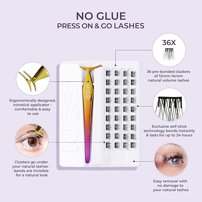 KISS imPRESS Falsies Press On Self Adhesive Eyelashes, 12mm-14mm Natural Volume Press On Lashes, Black, No Glue Needed, Invisible Band, 20 Lash Clusters & Non-Stick Applicator - Natural-FemmiqueWomen