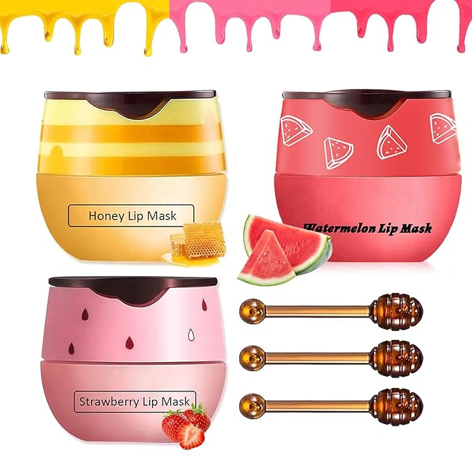 3PCS Lip Balm Honey Lip Balm, Honey Pot Lip Balm Sleeping Lip Mask with Brush, Hydrating & Prevention Dry and Cracked, Lip Scrubs Exfoliator & Moisturizer-FemmiqueWomen