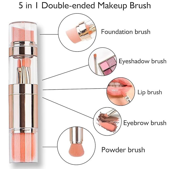 kullder 5-in-1 Makeup Brush Travel Makeup Brush set Dual Ended Mini Makeup Brush Pen Foundation Powder Concealer Shadow Blush Makeup Brushes with 2 Sponge Puff Womens Gift Idea for Beauty Lover-FemmiqueWomen