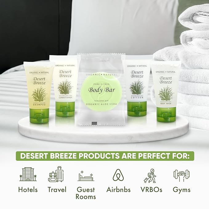Desert Breeze Hotel Soaps and Toiletries Bulk Set | 1oz Hotel Shampoo & Conditioner, Body Wash, Body Lotion & Bar Soap | Full Pallet 49 cases with 300 units each - 14,700 pieces-FemmiqueWomen