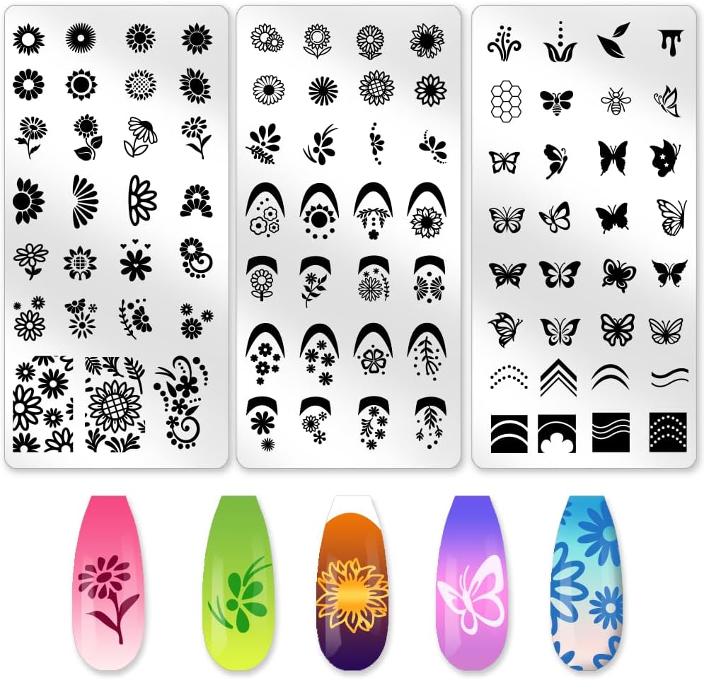 3Pcs Butterfly Nail Stamping Templates Flowers French Line Tip Art Stamp Image Plate Stainless Steel DIY Reusable Tools for Manicure Printing-FemmiqueWomen