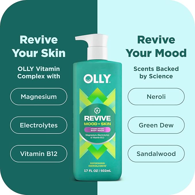 OLLY Revive Body Wash with Magnesium, Electrolytes & Vitamin B12– Nourishing Cleanser for Skin Barrier Repair, Deep Hydration, Refreshing Nerolidew Scent, 17 oz-FemmiqueWomen