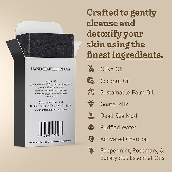 Southern Natural Activated Charcoal Soap Bar (3 Pack) Face and Body Soap For Sensitive Skin With Dead Sea Mud, Goat Milk & Peppermint Essential Oil-FemmiqueWomen