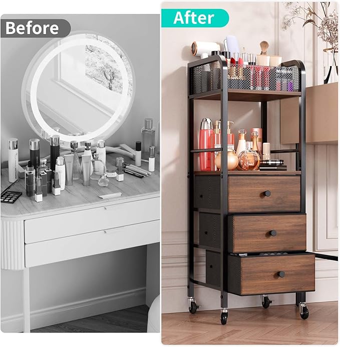 HapiRm Rolling Makeup Cart Organizer - Floor Skincare Make Up Storage with 3 Drawers, Vanity Organizer Cosmetic Display Cases Holder for Skin Care Perfume Nail Polish Brush Hair Tool-FemmiqueWomen