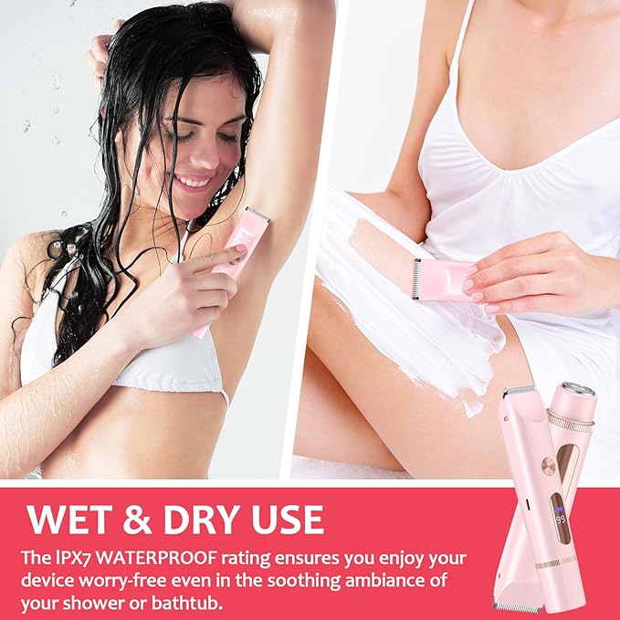 2025 Upgraded Bikini Trimmer for Women - 2 in 1 Dermave Bikini Shaver with LED Display, Dual Head Cordless Electric Shaver, IPX7 Waterproof Wet/Dry Body Hair Trimmer for Face, Body & Intimate Areas-FemmiqueWomen