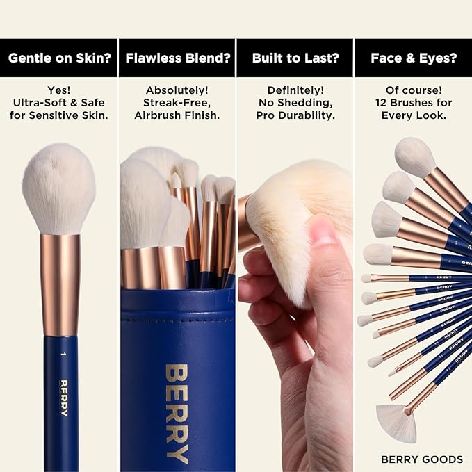 BERRY Blue Premium Makeup Brush Set – 12-Piece Professional Ultra-Soft Synthetic Brushes for Face & Eyes | Foundation, Powder, Blush, Concealer, Eyeshadow – Vegan, Cruelty-Free, Numbered, Travel Case-FemmiqueWomen