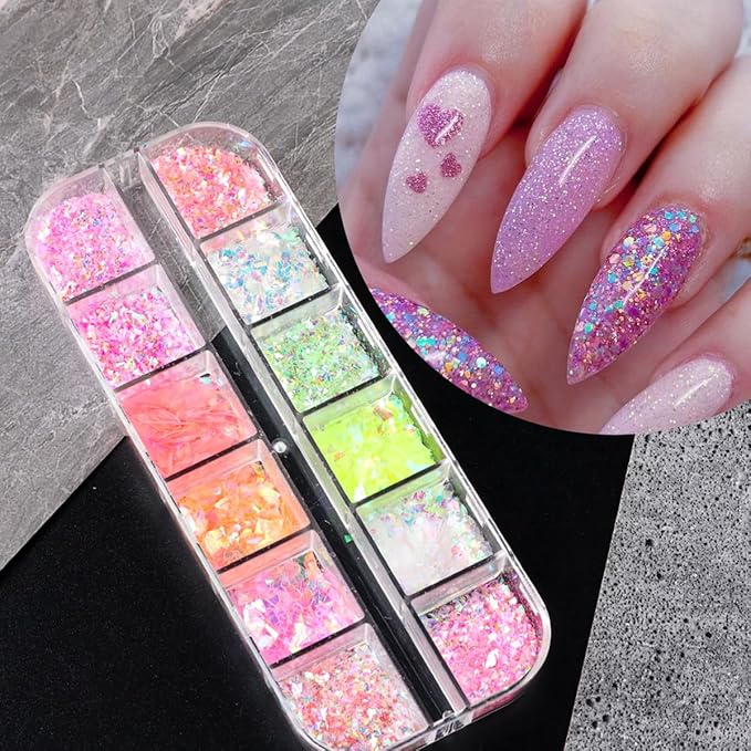 12 Colors Mermaid nail art glitter sequins Iridescent Ice Slag nail glitter flakes Ultra Thin Nail Art Designs 3D holographic nail sequins for Nail Art Supplies Manicure Decoration Accessories-FemmiqueWomen