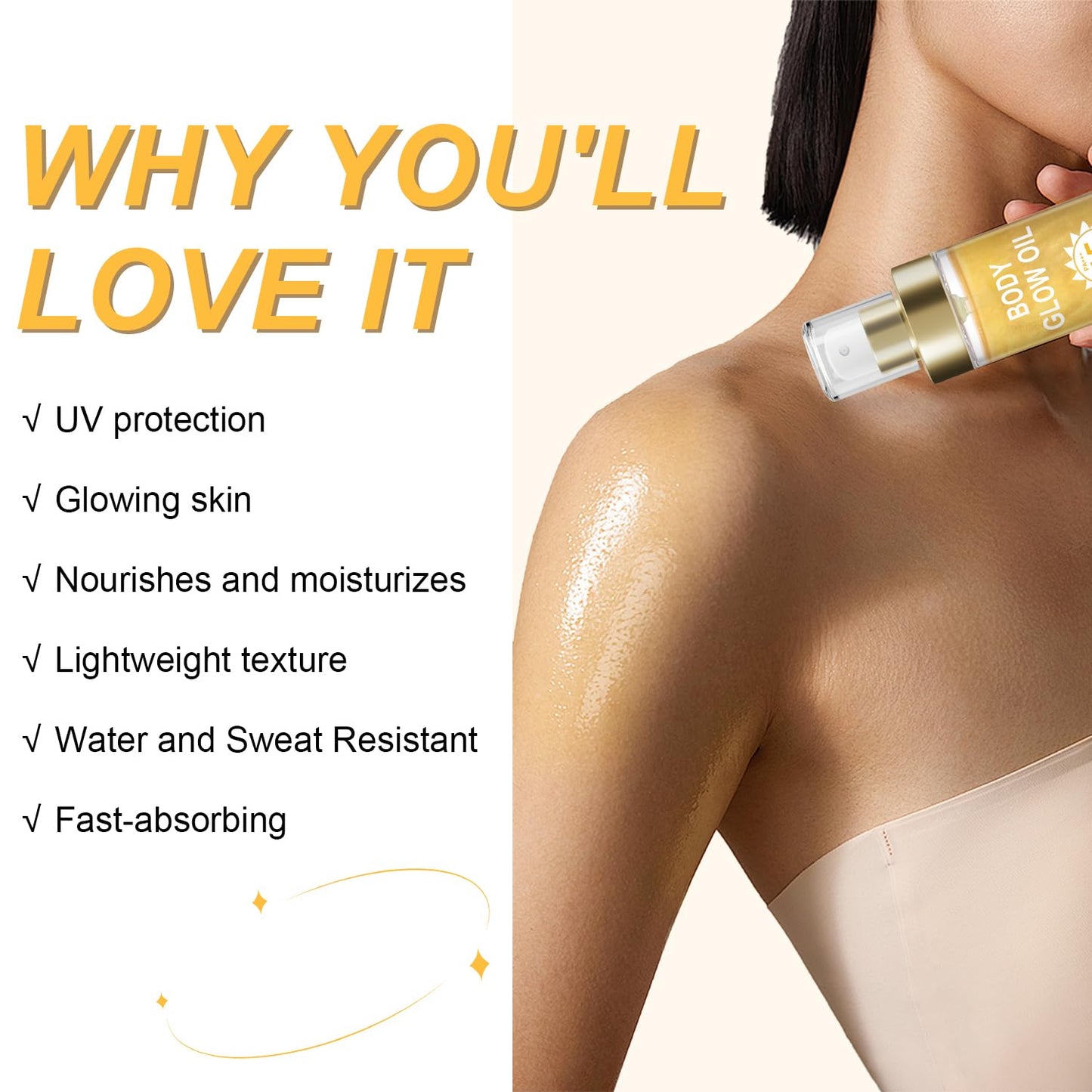 Body Glow Oil, Sunscreen Shimmer Oil, SPF 45 Broad Spectrum, Body Oil with with Coconut Oils, Moisturizing Glow for Face & Body, Liquid Illuminator Highlighter, Water Resistant, 3.72 fl oz (#1 GOLD)-FemmiqueWomen