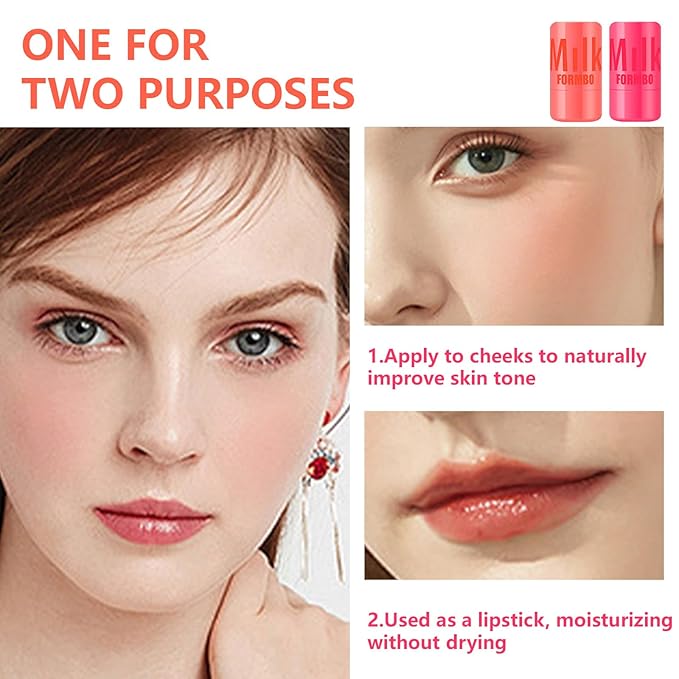 2 Pcs Milk Jelly Blush,Jelly Tint Blush Stick Sheer Lip & Cheek Stain Milk Cooling Water Jelly Tint Long Lasting Face Blushes, Lip Gloss Cheek Solid Moisturizer Stick (01#+02#)-FemmiqueWomen