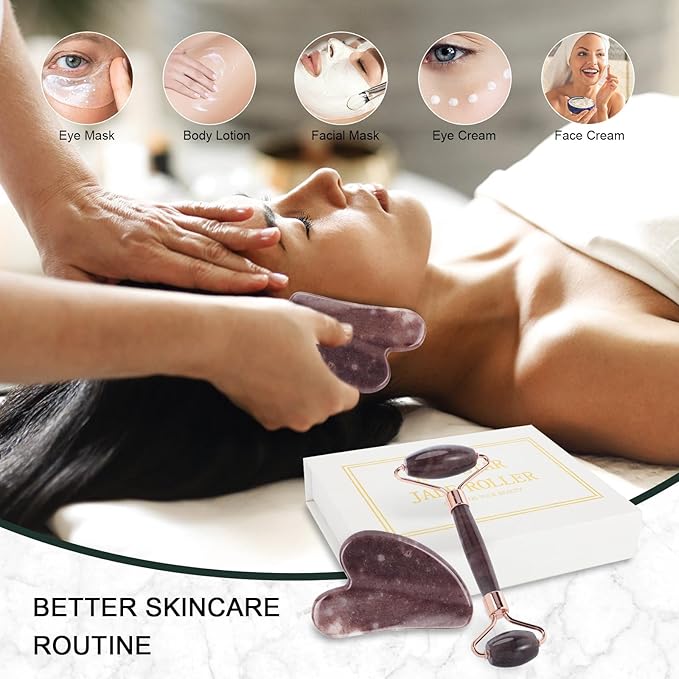 Jade Roller for Face, Facial Roller Massager Skin Care Tool, Gua Sha Facial Tools for Face, Neck, Eyes, Reduce Puffiness of The Skin(Purple)-FemmiqueWomen