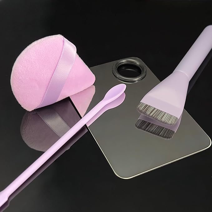 Makeup Brush Set - Flat Foundation Brush, Blender Sponge, Face Spatula, Puff & Heart-Shaped Mixing Palette with Leather Case – Complete Face Makeup Tool Kit for Blending, Foundation & Application-FemmiqueWomen