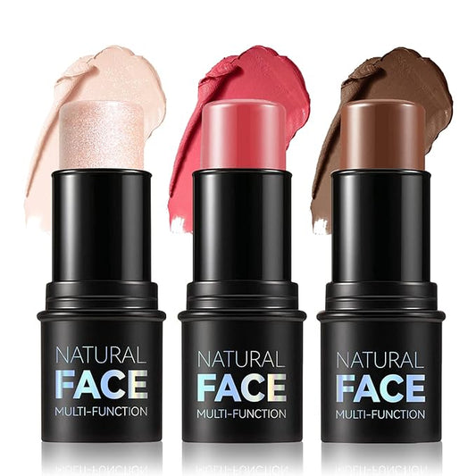 3PCS Cream Contour Stick Makeup Kit Face Highlighter Bronzer Blush Stick Long Lasting Illuminator Highlighters Makeup Stick for All Skin Tones(02 Champagne Gold+05 Rugosa Rose+06 Espresso)-FemmiqueWomen