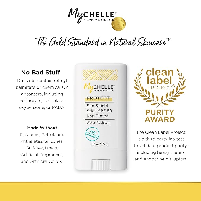 Mychelle Dermaceuticals Sun Shield Stick Spf 50 Non-Tinted - Natural Liquid Zinc Sunscreen Vitamin E and Jojoba - Water Resistant up to 80 Minutes - Sunscreen for Face, Reef Safe, Safe for Children-FemmiqueWomen