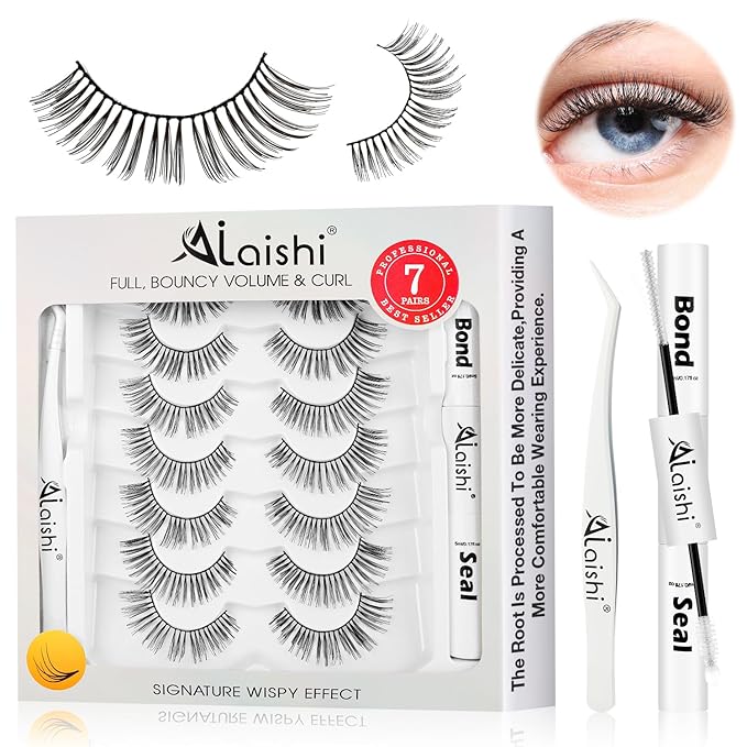 Wispy False Eyelashes Kit With Bond, Seal and Tweezer, 7 Pairs Natural Look Fake Cat Eye Lashes Strips Thin Band Extensions Waterproof Easy Eyelashes for Beginners DF1-FemmiqueWomen