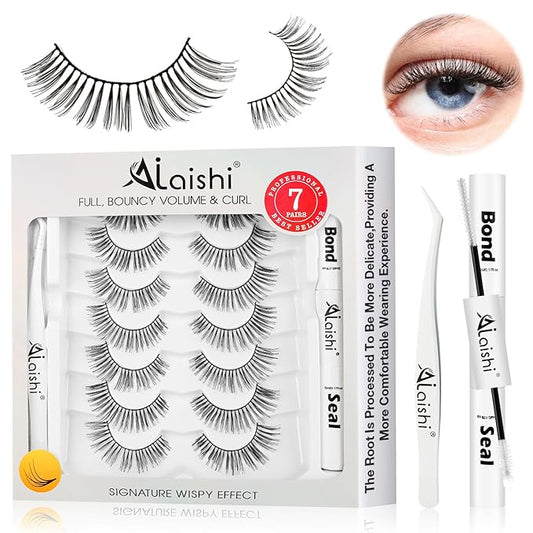 Wispy False Eyelashes Kit With Bond, Seal and Tweezer, 7 Pairs Natural Look Fake Cat Eye Lashes Strips Thin Band Extensions Waterproof Easy Eyelashes for Beginners DF1-FemmiqueWomen