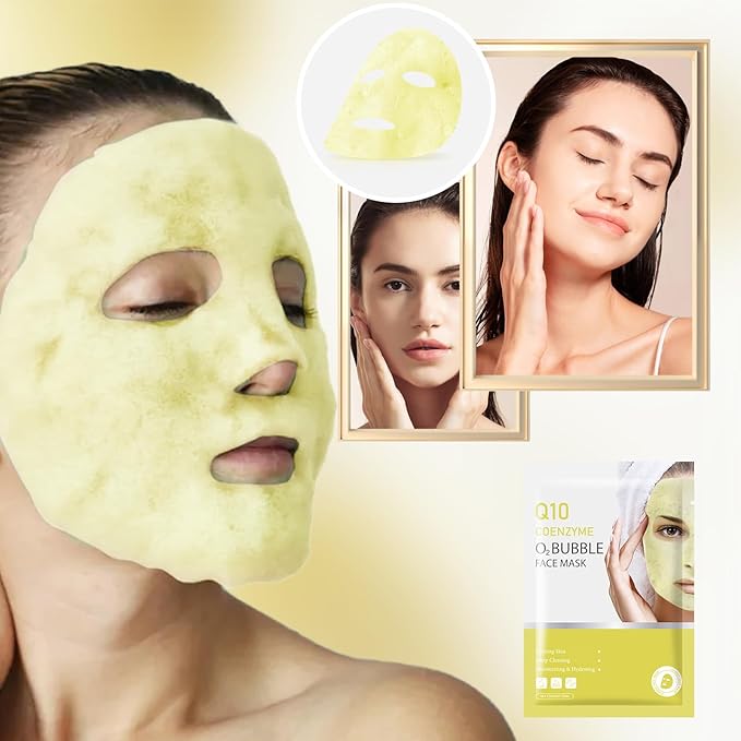 10 Sheets Coenzyme Q10 O2 Bubble Masks for Face, Bubble Face Mask Skincare for All Skin Types, Deep Cleansing Moisturizing Facial Mask Skin Care for Pores, Firming, Purifying, Sheet Masks for Spa-FemmiqueWomen