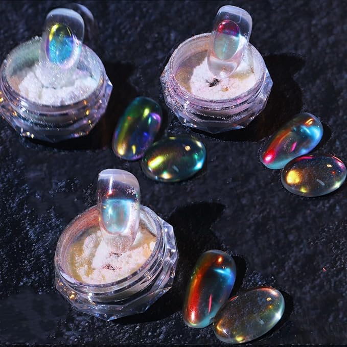 3 Boxes Ice Transparent Aurora Nail Powder Neon Rainbow Holographic Chameleon Powder Multi Chrome Iridescent Pigment Pearlescent Nail Art Glitters(Transparent#4#5#6)-FemmiqueWomen