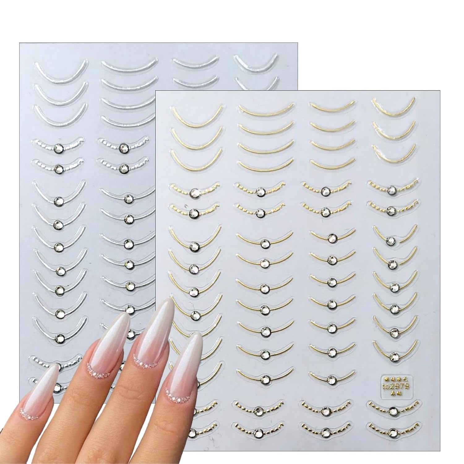 2 Sheets French Tips Nail Art Stickers - 5D Holographic French Simple Gold Silver Line Nail Stickers with Crystal Diamond Design Nail Decals for Women Manicure Decorations-FemmiqueWomen