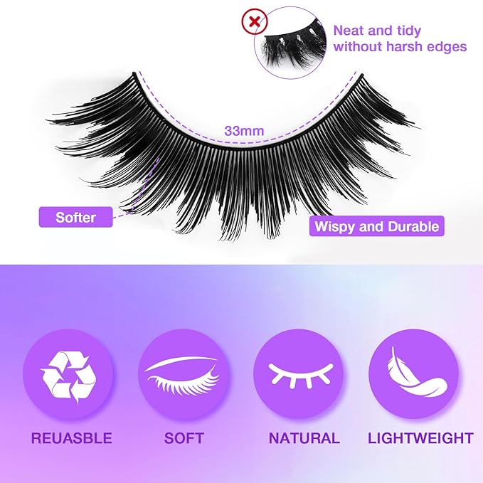 False Eyelashes Kit With Bond, Seal and Tweezer, 7 Pairs Fluffy Natural Look Fake Cat Eye Lashes Strips Thin Band Extensions Waterproof Easy Eyelashes for Beginners DF64-FemmiqueWomen
