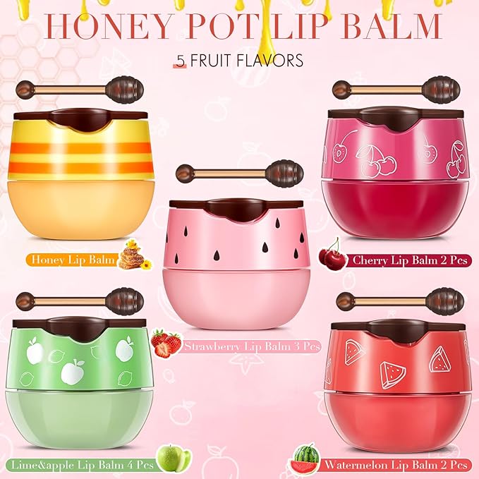 12 Pcs Bee Lip Balm Honey Pot with Brush Propolis Lip Mask Overnight, Moisturizing Hydrating Lip Sleeping Mask Prevention Dry and Cracked(Honey+Strawberry+Watermelon+Apple Lime+Cherry)-FemmiqueWomen