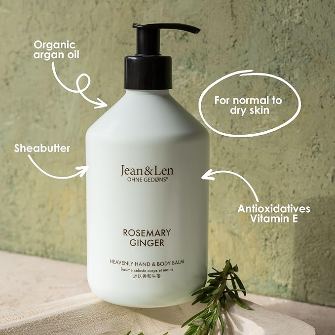 Jean & Len Heavenly Hand & Body Balm Rosemary & Ginger, for a fragrant care experience, with organic argan oil and shea butter, minimalistic bottle, without parabens & silicones, 16.91 Fl. Oz.-FemmiqueWomen