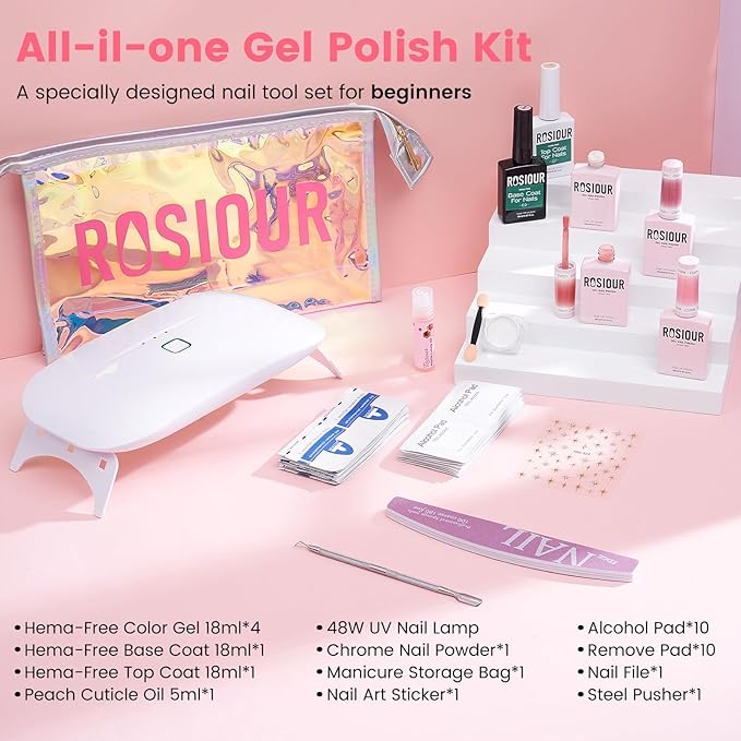 Jelly Gel Nail Polish Kit with U V Light, Hema-Free Milky Nude Sheer White Pink Gliter Gel Polish Set with Base & Top Coat Chrome Nail Powder, 4 Colors Mini Salon Nail Art Starter Gift for Women Girl-FemmiqueWomen