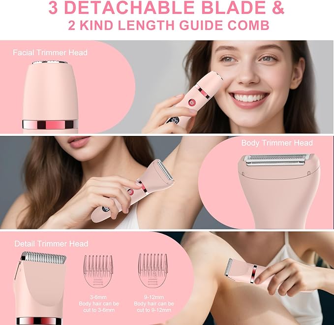 3-in-1 Electric Razor IPX7 Waterproof Bikini Trimmer Wet & Dry Use Painless Personal Trimmer Groomer for Ladies Face Body Legs Bikini Public Hairs Electric Lady Shaver with Replaceable Heads-FemmiqueWomen