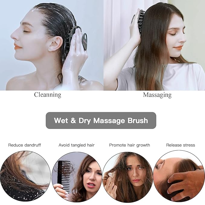 INNERNEED Scalp Care Massager Shampoo Brush, Wet & Dry Manual Head Scrubber Hair Washing, Soft Silicone Bristles, for Hair Growth, Dandruff Removal, Comfortable for All Hair Types (Black)-FemmiqueWomen