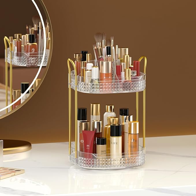 Awenia Rotating Makeup Organizer 360, Stackable Adjustable Large Capacity Cosmetic Storage Unit,Dresser Bathroom Kitchen Countertop Organizer with Metal Handle, Plus Size (Clear, 2 Tier)-FemmiqueWomen